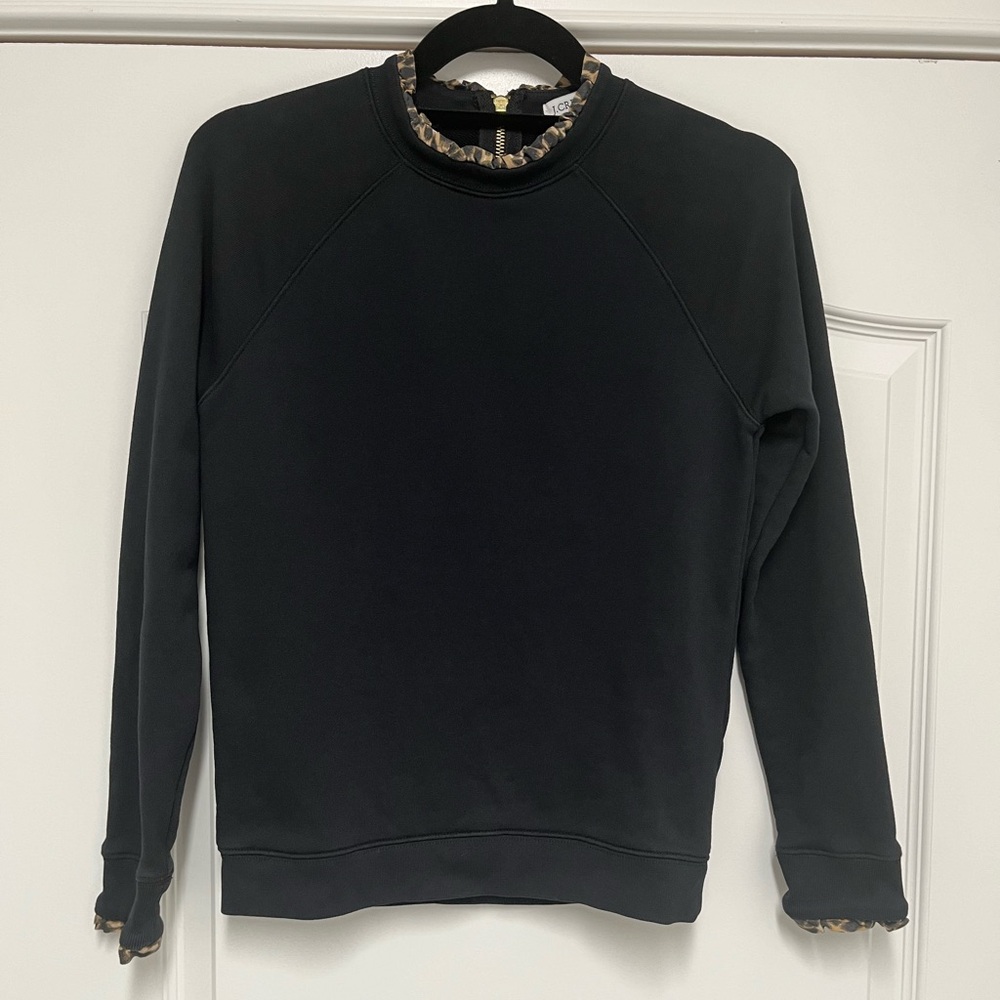 J. Crew Factory | Leopard Print Ruffle Trim Black Sweatshirt